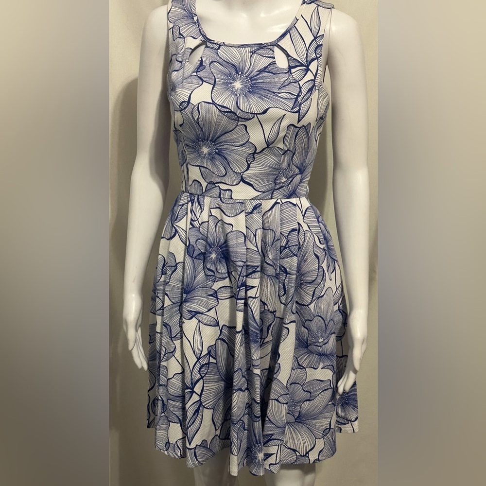 Danny & Nicole Sz 8 Blue White Floral Pleated Dress Flowy Whimsical Cottagecore